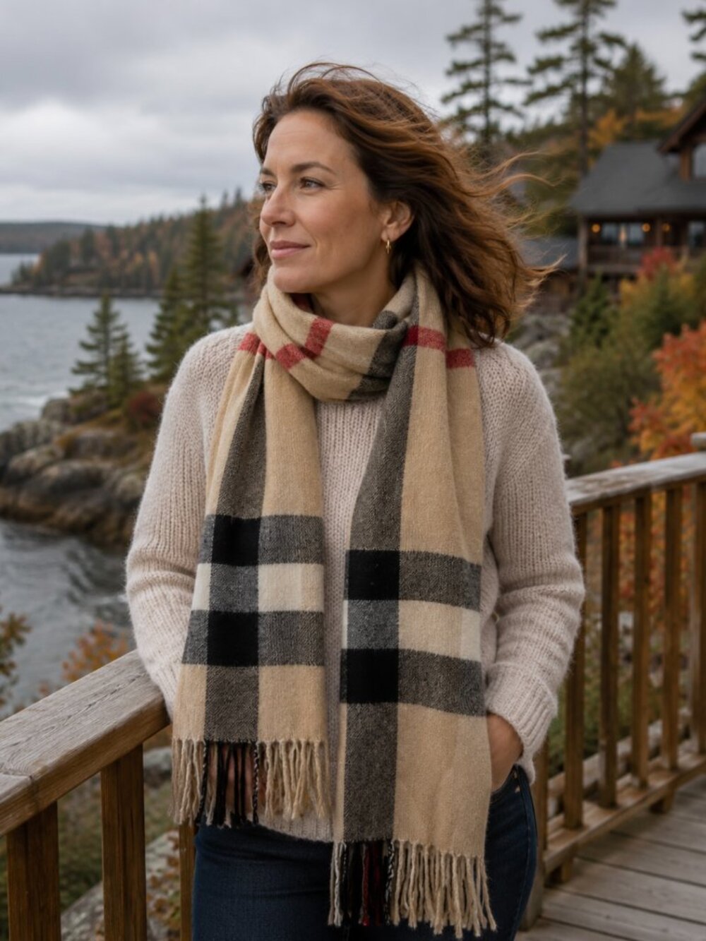 Ruyisa Scarf in Tan with Black, White and Red Stripes